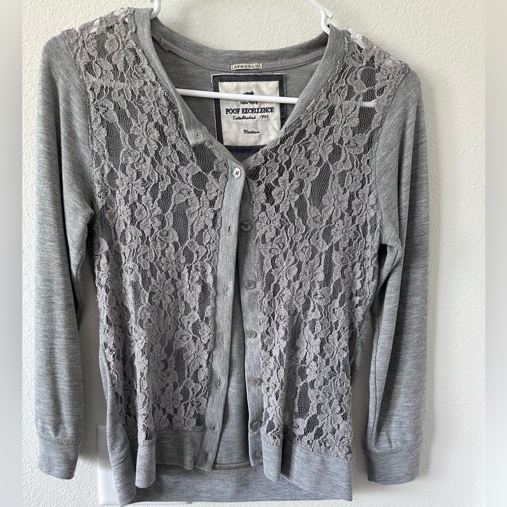 Poof Excellence Gray Lace Cardigan Sweater